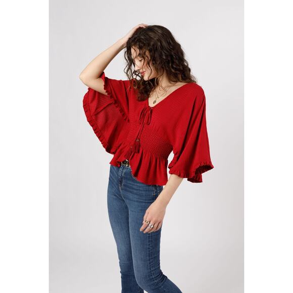 Band Of The Free Smocked Waist Top M Red Geometric Ruffle Dolman Sleeve V Neck - Picture 3 of 10